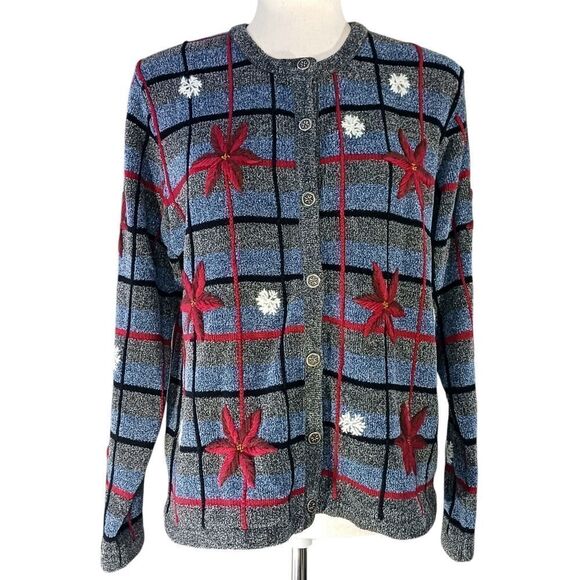 Vintage Sweaters - VINTAGE Knit Cardigan Hand Embroidered Holiday Snowflake Gray Red Size L